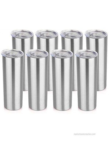 HASLE OUTFITTERS 20 oz Stainless Steel Skinny Tumbler bulk Double Wall Vacuum Slim Water Tumbler Cup with lid Reusable Metal Travel Coffee Mug Set of 8 Slive