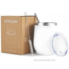 HITSLAM Wine Tumbler 12oz Stainless Steel Tumbler Vacuum Insulated Wine Glass Double Wall Coffee Mug for Champaign Beer Office use includes Straw Lid Straw Cleaning Brush White