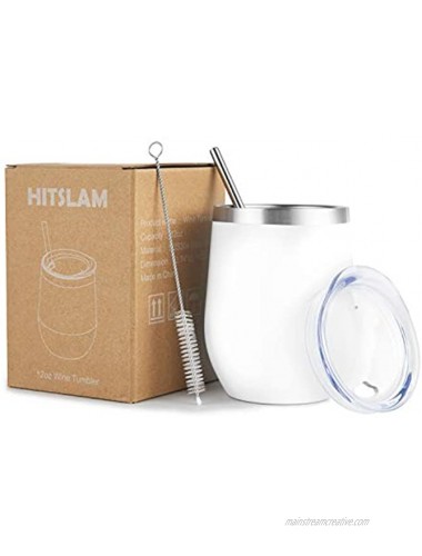 HITSLAM Wine Tumbler 12oz Stainless Steel Tumbler Vacuum Insulated Wine Glass Double Wall Coffee Mug for Champaign Beer Office use includes Straw Lid Straw Cleaning Brush White