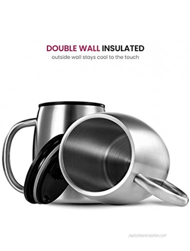 Insulated Stainless Steel Coffee Mug with Lid and Handle 2 Pk 14 oz.- BPA-Free Spillproof Lid Double Wall Camping Travel Coffee Mugs Tough & Shatterproof Keeps Coffee Tea Hot And Beer Cold Longer