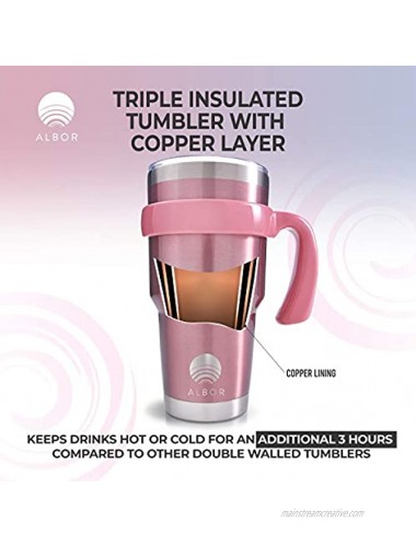 Insulated Tumbler with Lid and Straw 30 oz Insulated Coffee Mug with Handle Travel Coffee Mug Triple Insulated Technology with 2 Lids 2 Metal Straw Brush and Storage Bag by Albor Rose Gold