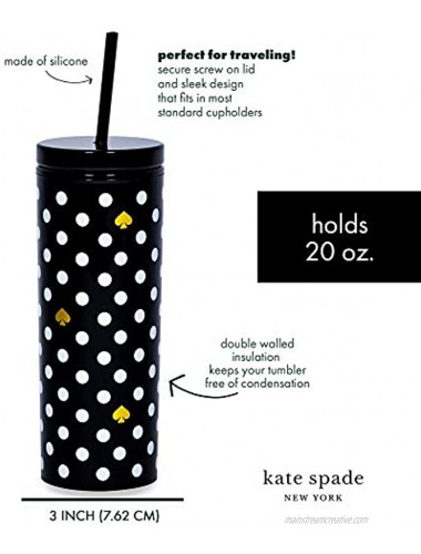 Kate Spade New York Insulated Tumbler with Reusable Straw Black 20 Ounce Acrylic Travel Cup with Lid Polka Dots