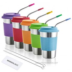 Kids Stainless Steel Cups 16 oz With Silicone Lids & Straw 5 Pack Drinking Tumblers for Adults Children and Toddlers