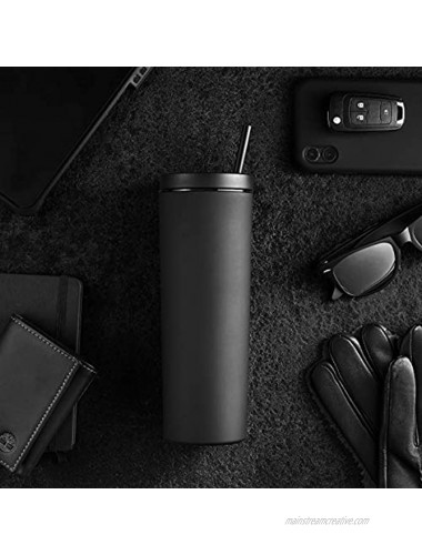 Maars Skinny Acrylic Tumbler with Lid and Straw | 18oz Premium Insulated Double Wall Plastic Reusable Cups Matte Black 2 Pack