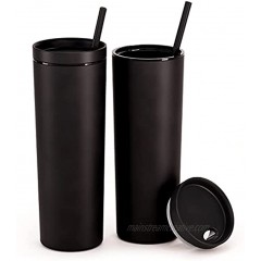 Maars Skinny Acrylic Tumbler with Lid and Straw | 18oz Premium Insulated Double Wall Plastic Reusable Cups Matte Black 2 Pack