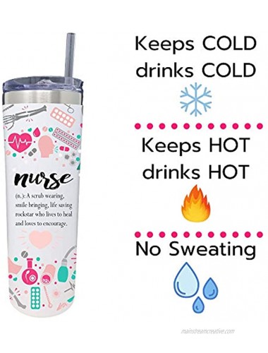 Nurse Stainless Steel Skinny Tumbler with Straw 20 ounce Insulated Travel Cup Perfect Christmas Thank You Birthday Appreciation Gifts for Nurses Nursing Student LPN or RN Nurse Definition