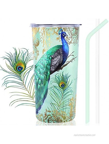 NymphFable 20oz Peacock Mug Tumbler with Straw and Lid Stainless Steel Insulated Travel Mug Double Wall