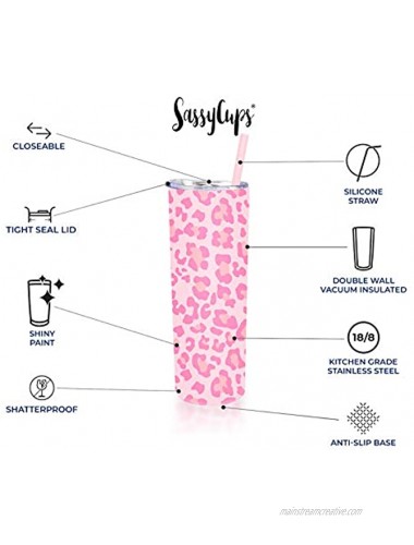 SassyCups Leopard Tumbler Cup | Vacuum Insulated Stainless Steel Leopard Print Skinny Tumbler with Straw | Cute Travel Mug For Women with Leopard Pattern | Pink Insulated Water Bottle 20 oz Pink