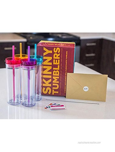 SKINNY TUMBLERS 4 Colored Acrylic Tumblers with Lids and Straws | Skinny 16oz Double Wall Clear Plastic Tumblers With FREE Straw Cleaner & Name Tags! Clear 4
