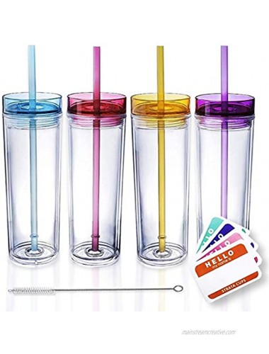 SKINNY TUMBLERS 4 Colored Acrylic Tumblers with Lids and Straws | Skinny 16oz Double Wall Clear Plastic Tumblers With FREE Straw Cleaner & Name Tags! Clear 4