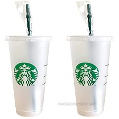 Starbucks 2 Pack Reusable Venti Frosted Cold Cup With Lid and Green Straw w Stopper