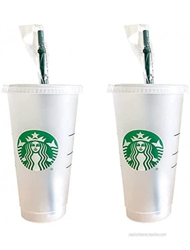 Starbucks 2 Pack Reusable Venti Frosted Cold Cup With Lid and Green Straw w Stopper