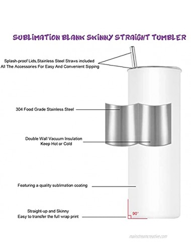 Sublimation Tumblers Bulk 20 Ounce Skinny Stainless Steel Tumblers Sublimation Blanks Kit with Lid Straw Sublimation Shrink Wrap Individually Gift Boxed for Heat Transfer 4 Pack