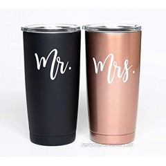 The Navy Knot Mr and Mrs Wine Tumbler Set Stainless Steel Insulated Tumblers w  Lids Stemless Wine Glass & Coffee Cup Gifts for Mom Dad Traveler Teens & Adults Black Rose Gold 20 Oz