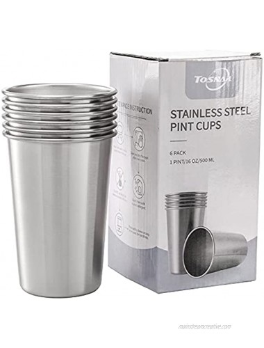 Tosnail 6 Pack 16 oz Stainless Steel Pint Cups Metal Cups Unbreakable Drinking Glasses Water Tumblers for Kids Adults Indoor and Outdoor Use