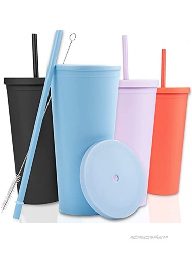 Tumblers with Lids 4 pack 22oz Pastel Colored Acrylic Cups with Lids and Straws | Double Wall Matte Plastic Bulk Tumblers With FREE Straw Cleaner! Vinyl Customizable DIY Gifts Pastels