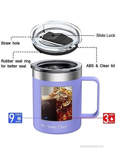Umite Chef Stainless Steel Insulated Coffee Mug Tumbler with Handle 12 oz Double Wall Vacuum Tumbler Cup with Lid Insulated Camping Tea Flask for Hot & Cold DrinksLavender）