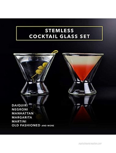 Dragon Glassware Martini Glasses Lead-Free Stemless Insulating Double Walled Clear Cocktail Glasses Comes in Luxury Gift Packaging 7-Ounce Set of 2