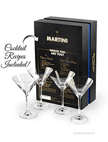 Large 10 oz Crystal Martini Glasses with Etched Logos | Set of 4 | Fancy Tall Long Stemmed Cosmopolitan Manhattan Lemon Drop Cocktail Drinking Glassware | Four Piece Gift Stemware
