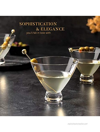 Stemless Martini Glasses Set – 4 Crystal Cocktail Cups with 4 Gold-Plated Picks – Lead-Free Handmade by Lumi & Numi 10 Oz.