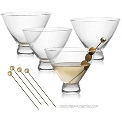 Stemless Martini Glasses Set – 4 Crystal Cocktail Cups with 4 Gold-Plated Picks – Lead-Free Handmade by Lumi & Numi 10 Oz.