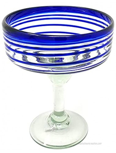 Mexican Hand Blown Glass – Set of 4 Hand Blown Margarita Glasses 16 oz with Blue Spiral Design