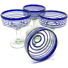 Mexican Hand Blown Glass – Set of 4 Hand Blown Margarita Glasses 16 oz with Blue Spiral Design