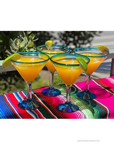 Mexican Hand Blown Glass – Set of 4 Hand Blown Modern Margarita Glasses Aqua Rim 12 oz