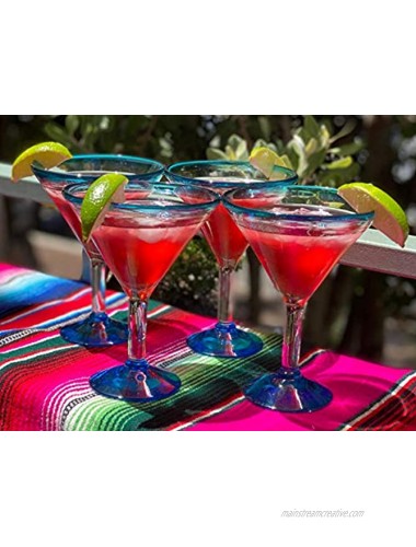 Mexican Hand Blown Glass – Set of 4 Hand Blown Modern Margarita Glasses Aqua Rim 12 oz