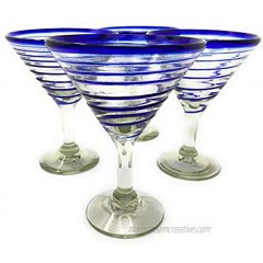 Mexican Hand Blown Glass – Set of 4 Hand Blown Modern Margarita Glasses Blue Spiral 12 oz