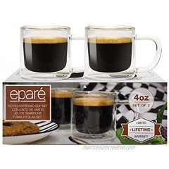 4 oz Glass Espresso Cups Set of 2 Insulated Clear Mug with Handle Double Walled Italian Demitasse Cup Cafe Cappuccino Shot Glasses by Eparé