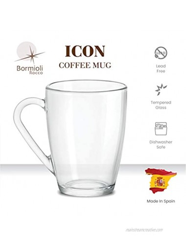 Bormioli Rocco Glass Coffee Mug Set 6 Pack Medium 10¾ Ounce with Convenient Handle Tea Glasses for Hot Cold Beverages Thermal Shock Resistant Tempered Glass Mugs for Cappuccino Latte Espresso