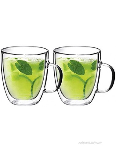Double Wall Glass with Handle for Tea Coffee Wine Beer and More By Bruntmor 15 oz Set of 2