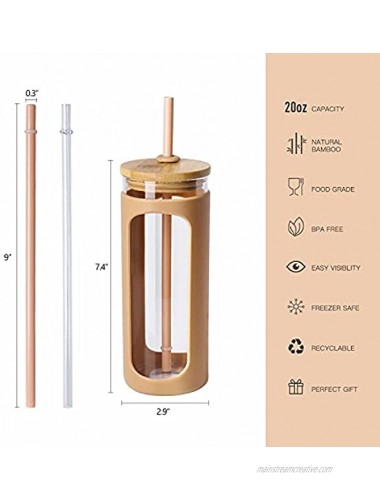Kodrine 20oz Glass Water Tumble with Straw and Lid,Bamboo Lids Water Bottle Iced Coffee Cup Reusable Wide Mouth Smoothie Cups Straw Silicone Protective Sleeve BPA FREE-Amber