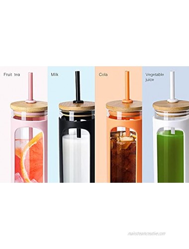 Kodrine 20oz Glass Water Tumble with Straw and Lid,Bamboo Lids Water Bottle Iced Coffee Cup Reusable Wide Mouth Smoothie Cups Straw Silicone Protective Sleeve BPA FREE-Amber