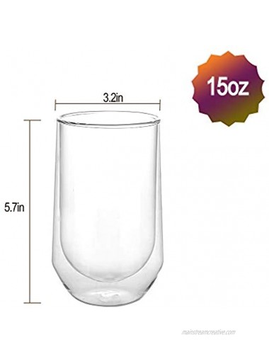 [6-Pack 15Oz] DESIGN•MASTER Premium Oval Double Wall Insulated Glass Coffee or Tea Glass Mugs Temperature Isolated Glass Perfect for Latte Cappuccino Americano Tea and Beverages