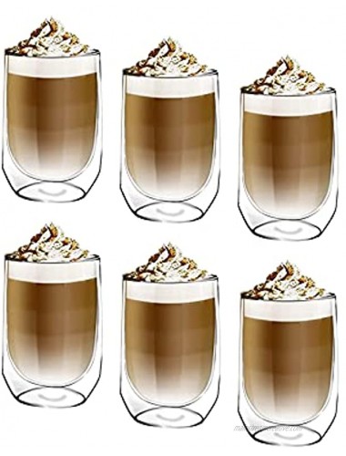 [6-Pack 15Oz] DESIGN•MASTER Premium Oval Double Wall Insulated Glass Coffee or Tea Glass Mugs Temperature Isolated Glass Perfect for Latte Cappuccino Americano Tea and Beverages