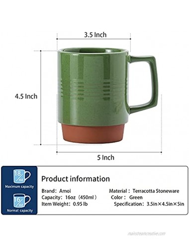 Amoi Extra Large Coffee Mugs，18oz Coffee Cups Ceramic,Tea Cup With Handle,Modern Tea Mug Set，Terracotta Stoneware Microwave And Dishwasher Safe Perfect For Men Women，Rustic Glaze，Green Rounded Shape
