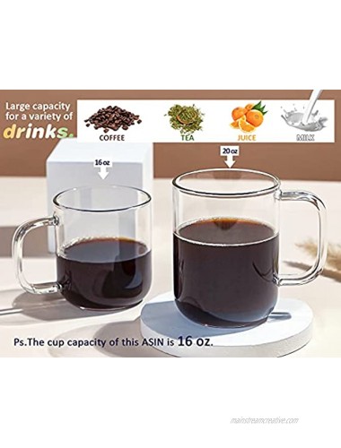 Aquach Glass Mugs 16 oz Set of 2 Large Clear Glass Cup with Handle for Hot Cold Coffee Tea Beverage Thicker Quality