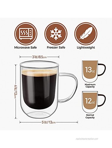 ComSaf 12 oz Glass Coffee Mugs Set of 4 350ml Double Wall Insulated Coffee Mug Clear Borosilicate Glass Cup with Handle for Beverages Cappuccino Latte Tea Espresso