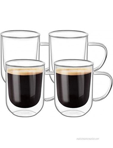 ComSaf 12 oz Glass Coffee Mugs Set of 4 350ml Double Wall Insulated Coffee Mug Clear Borosilicate Glass Cup with Handle for Beverages Cappuccino Latte Tea Espresso