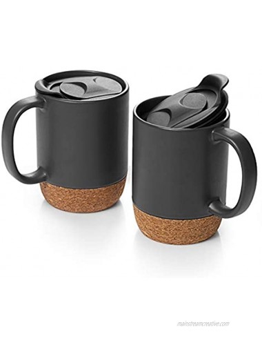DOWAN 15 oz Coffee Mug Sets Set of 2 Large Ceramic Mugs with Insulated Cork and Splash Proof Mug Lid,Large Coffee Mug with Handle for Men Women,Matte Grey