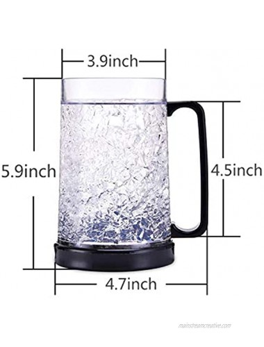Drinking Glasses Cups Double Wall Gel Freezer Beer Mugs Freezer Ice Mugs Cups 16oz Plastic Cooling Beer Mug Clear Set of 4 2Blue and 2Black
