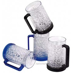 Drinking Glasses Cups Double Wall Gel Freezer Beer Mugs Freezer Ice Mugs Cups 16oz Plastic Cooling Beer Mug Clear Set of 4 2Blue and 2Black