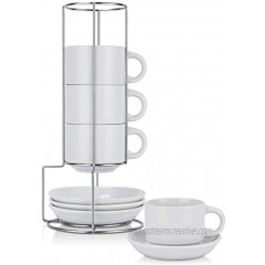 Espresso Coffee Cup Set with Stand Stackable Coffee Mug Set of 4 Coffee Mug Set with Saucers and Metal Stand Mug set of 4 White Mug with Holder for Coffee Tea 8 Oz
