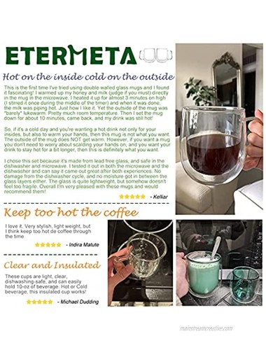 Etermeta Double Walled Insulated Mug with Handle Glass Coffee Mugs Insulated Glass Mug 12 oz Perfect for Americano Latte Espresso Cappuccino Beverage and Tea