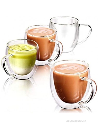 EZOWare Set of 4 Double Wall Coffee Mug Set 8oz Clear Glass Thermal Insulated Cups with Handles for Hot or Cold Beverages Espresso Coffee Tea Cocoa Latte Cappuccino