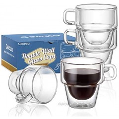 Geesta Espresso Glass Cups 5oz Double Wall Insulated Espresso Cups with Handle Crystal Glass Cups Stackable Espresso Mugs with Bonus Silicone Coasters Set of 4