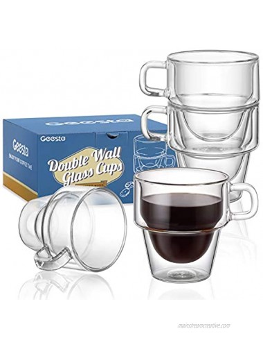 Geesta Espresso Glass Cups 5oz Double Wall Insulated Espresso Cups with Handle Crystal Glass Cups Stackable Espresso Mugs with Bonus Silicone Coasters Set of 4