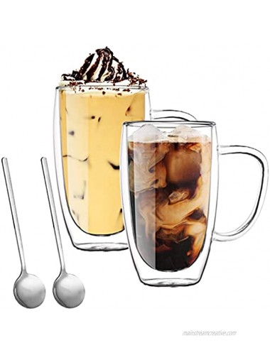 Glass Coffee Mugs Coffee Cups Double Wall Coffee Glasses Cups with Handle for Espresso Cappuccino Tea Latte Beverage Set of 2 14 oz